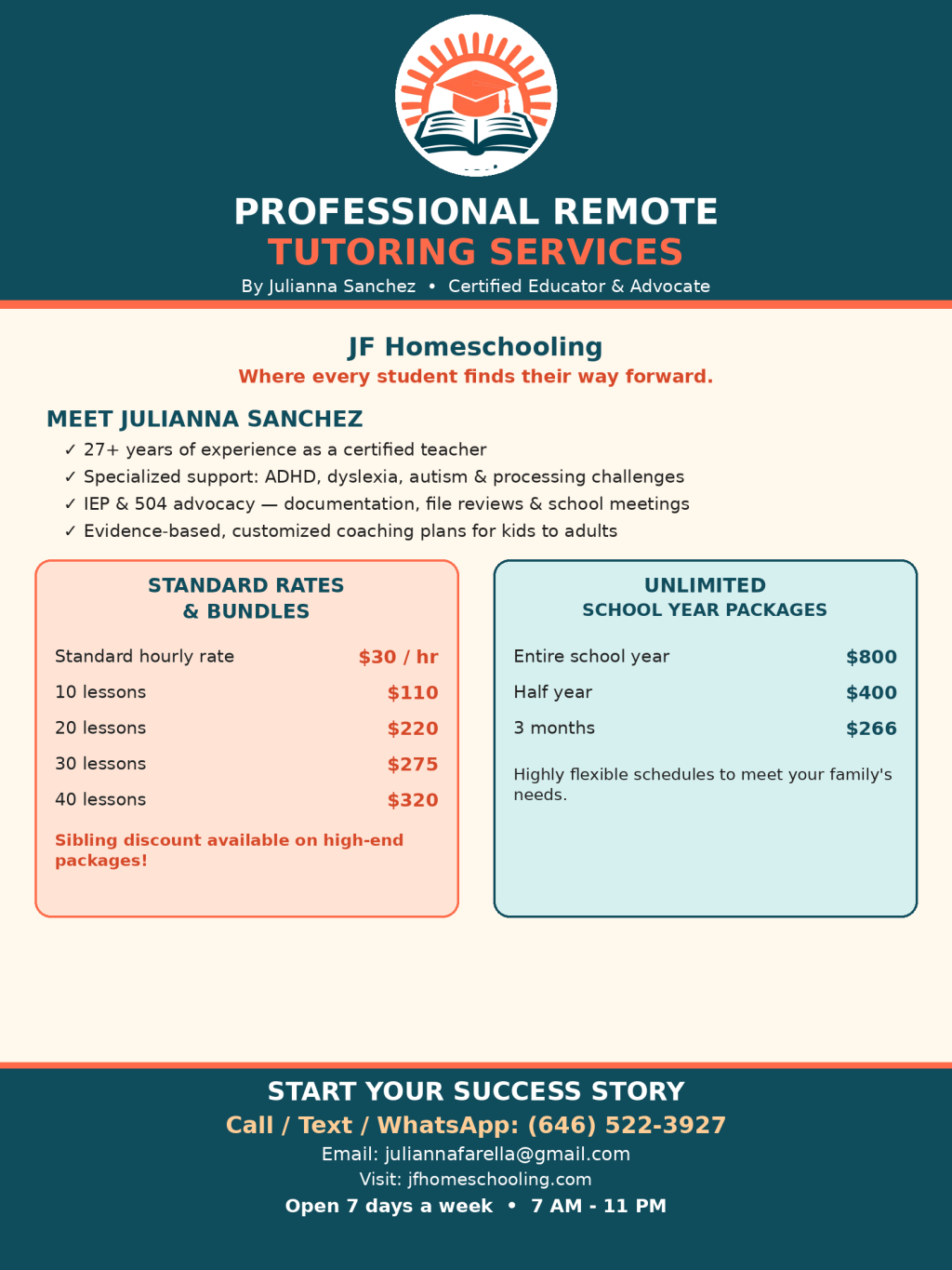 JF Homeschooling new website — professional remote tutoring services and special education advocacy, virtual from Brooklyn, New York